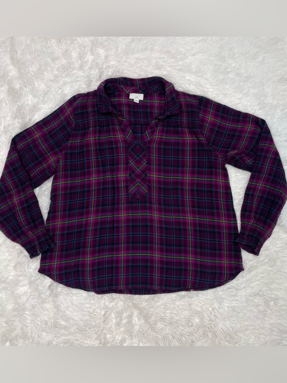 J. Jill Womens Size L Large Purple Flannel Plaid Pullover Shirt Ruffle Loose Fit
